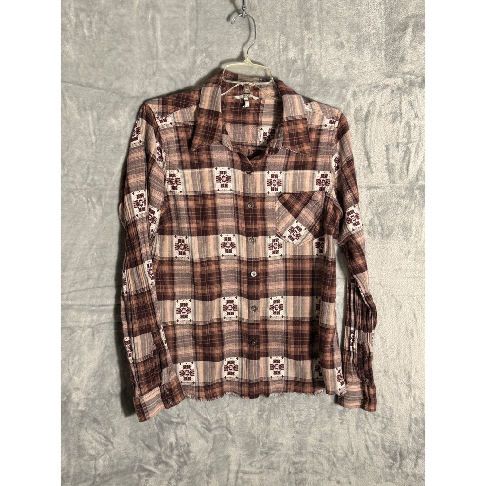BKE Womens Brown Plaid Embroidered Button Down Shirt Raw Hem Fitted Large